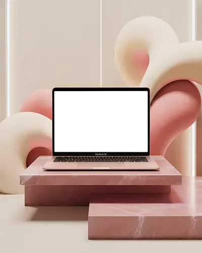 Macbook Air M1 Mockup In Soft Pink Marble Platform With Curved Sculptural Background Warm Neutral Tones And Textured Surfaces Minimalist Style