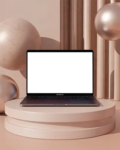 Macbook Air M1 Mockup In Soft Pink And Beige Curved Sculptural Background Round Platform With Metallic Spheres Minimal Warm Tones