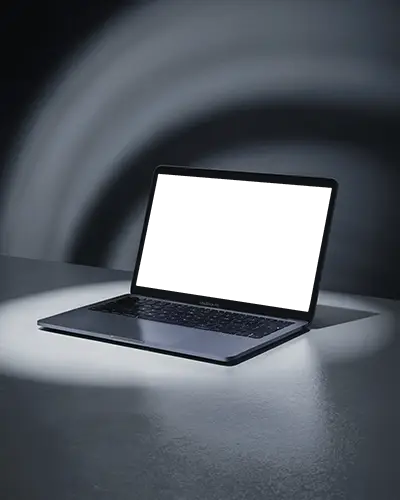 Macbook Air M1 Mockup Open Laptop On Dark Minimalist Table With Soft Cinematic Spotlight