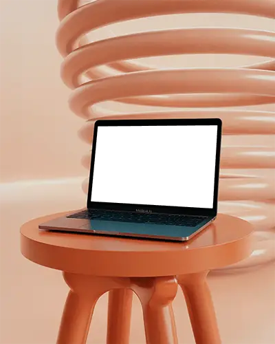 Macbook Air M1 Mockup On Modern Orange Stool With Spiral Backdrop Minimal Studio Lighting Soft Pastel Tone