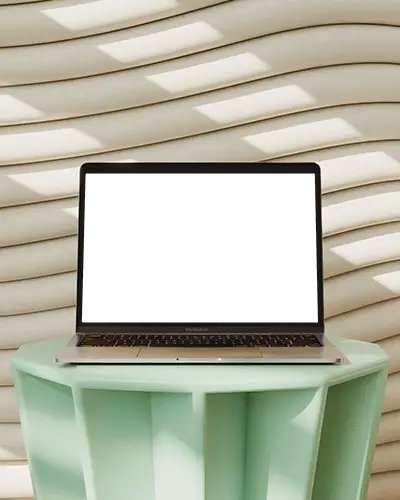 Macbook Air M1 Mockup On Pastel Mint Table With Wavy Cream Wall And Sunlight Patterns Modern Aesthetic