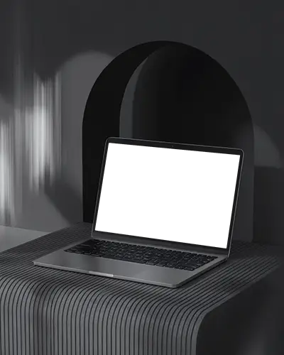 Macbook Air M1 Pro Mockup On Curved Ribbed Desk Under Arched Structure With Soft Diffused Lighting
