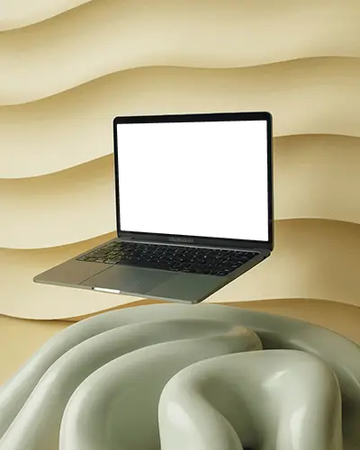 Macbook Air M1 Mockup In Surreal Floating Display Above Liquid Like Sculpture With Beige Wave Wall