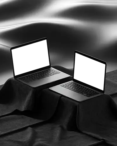 Macbook M1 Pro Mockup Dual Display On Black Fabric Surface With Liquid Metallic Backdrop Luxury Dark Mode