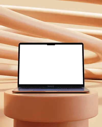 Macbook Air M2 Mockup On Minimal Round Podium With Swirling Peach Background And Soft Studio Lighting