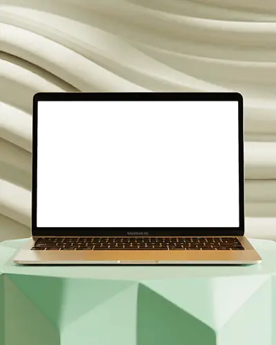 Macbook Air M1 Mockup On Geometric Mint Podium With Soft White Wavy Wall And Natural Studio Light