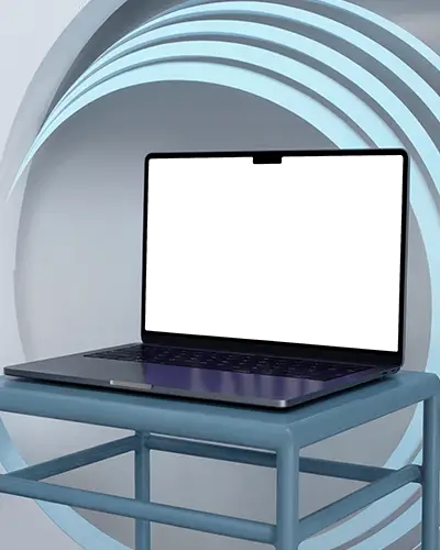 Macbook M3 Pro Mockup On Minimal Blue Metal Stand With Abstract Circular Arch Background Modern Aesthetic