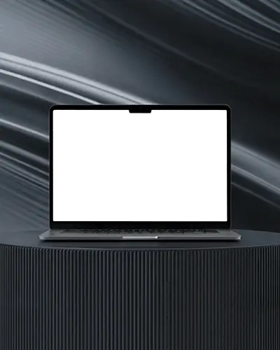 Macbook M4 Pro Mockup In Luxury Dark Studio Featuring Curved Liquid Chrome Backdrop And Textured Base
