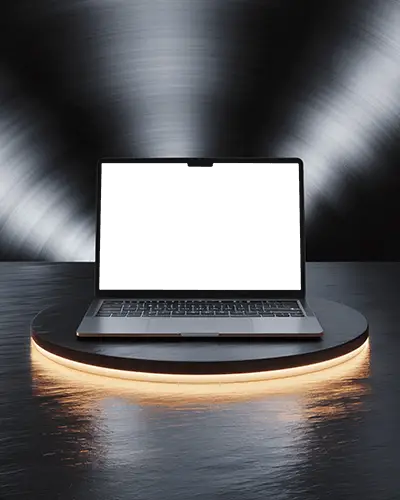 Macbook M2 Pro Mockup On Glowing Black Round Platform With Metallic Brushed Background And Spotlight Effect