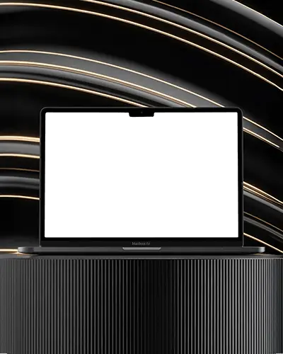 Macbook Air M3 Mockup On Black Ribbed Podium With Curved Golden Light Streaks And Luxury Dark Backdrop