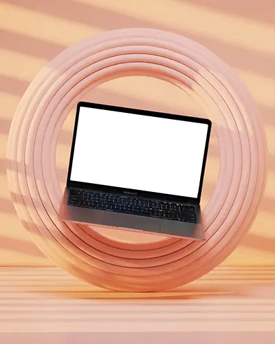 Macbook Air M1 Mockup Conceptual Design Floating In 3d Ring With Warm Toned Light And Creative Layout