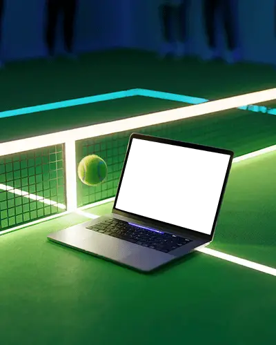 Macbook M1 Pro Mockup On Tennis Court With Glowing Net And Flying Ball Illuminated By Stadium Lighting