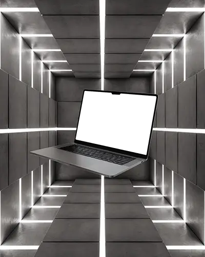 Macbook M2 Pro Mockup Floating In Geometric Led Tunnel With Concrete Wall Panels And Sci Fi Light Grid