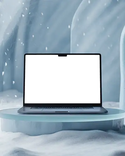 Macbook M4 Pro Mockup Centered In Frosted Studio With Soft Snow Texture And Glacial Lighting Aesthetic