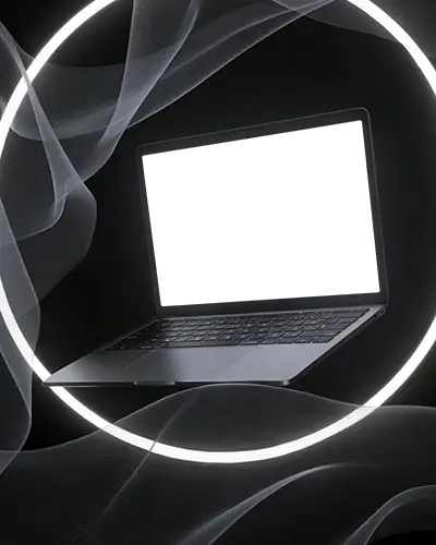 Macbook M1 Pro Mockup Floating Tech Visual Inside Lit Ring Frame With Aesthetic Fog And Black Studio