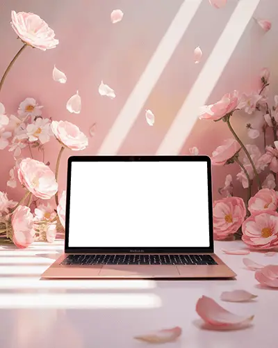 Macbook Air M1 Mockup In Blooming Petal Studio With Pink Flowers Soft Light And Floating Florals