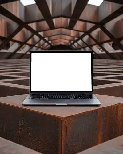 Macbook M1 Pro Mockup In Rustic Architecture Scene With Oxidized Metal Surface And Symmetrical Geometry