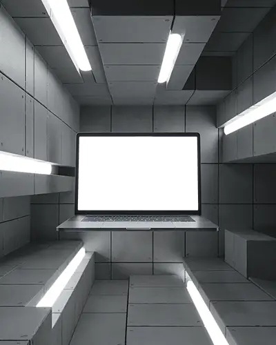 Macbook M1 Pro Mockup Floating In Illuminated Concrete Chamber With Linear Led Strips And Geometric Walls