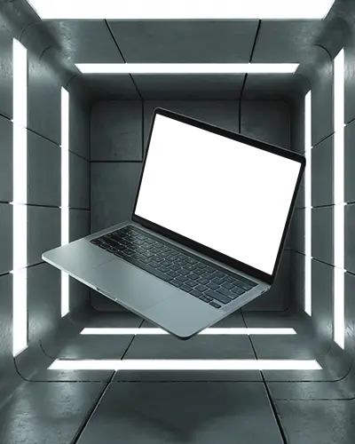 Macbook M1 Pro Mockup Hovering In Futuristic Light Tunnel With Concrete Grid And Sci Fi Illumination