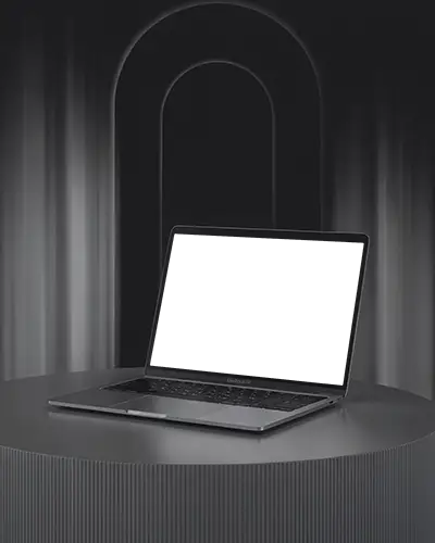 Macbook Air M1 Mockup On Ribbed Circular Podium With Arched Dark Background And Minimal Lighting