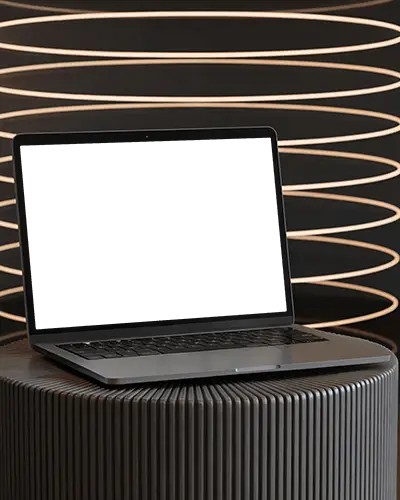 Macbook M1 Pro Mockup On Rounded Ribbed Podium With Glowing Concentric Light Rings In Dark Studio