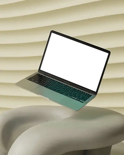 Macbook Air M1 Mockup Floating Above Sculptural Organic Pedestal With Beige Wavy Wall And Soft Light