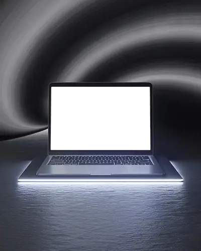 Macbook M1 Pro Mockup Futuristic Display On Glow Base With Abstract Wave Lighting And Dark Studio Vibes