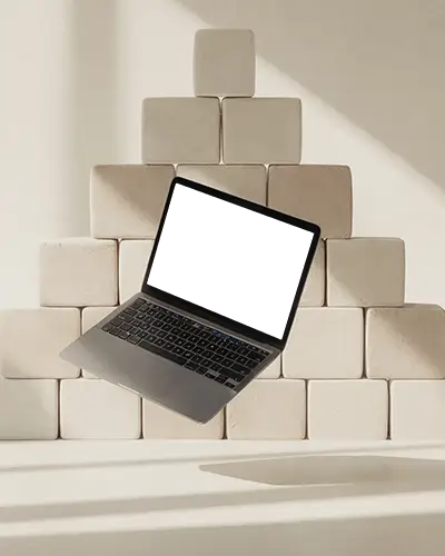 Floating Macbook Pro M1 Mockup In Front Of Pyramid Stacked Cubes Under Soft Shadow Light