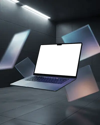 Macbook Pro M3 Mockup Floating In Dark Room With Hovering Glass Panels And Neon Light