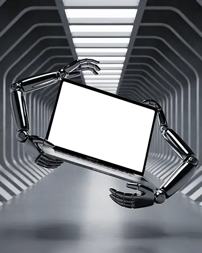 Macbook Air M1 Mockup Held By Robotic Arms In Futuristic Hallway With Symmetrical Lights