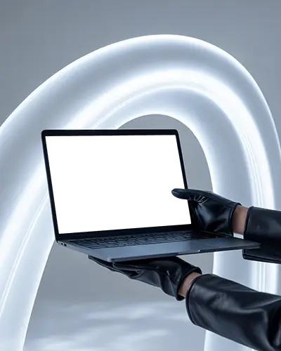 Macbook Pro M1 Mockup Held By Gloved Hands In Front Of Glowing Arc On Modern Grey Set