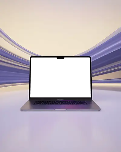 Macbook Air M2 Mockup Front View With Flowing Purple Backdrop And Soft Gradient Light