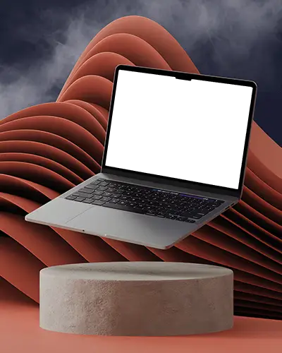 Macbook Pro M2 Mockup Floating Above Podium With Sculpted Waves And Dark Moody Smoke