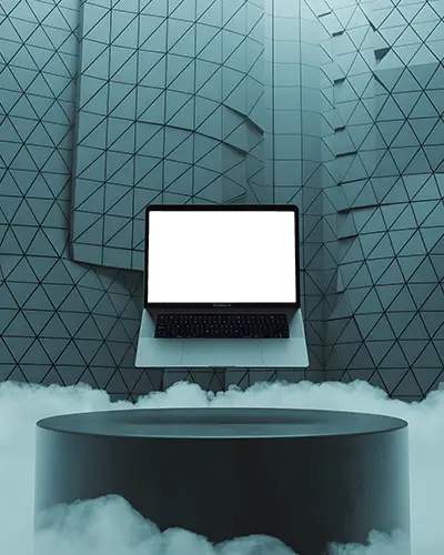 Macbook Air M1 Mockup Floating Above Clouds With Geometric Wall And Dark Round Podium