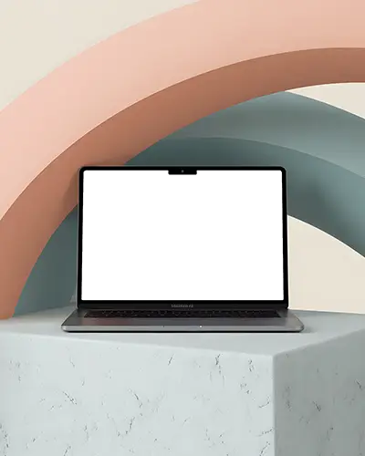 Macbook Air M3 Mockup On Marble Podium With Pastel Arches In Minimal Studio Setting