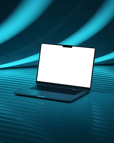 Macbook Air M4 Mockup In Glowing Blue 3d Scene With Curved Neon Walls And Reflective Floor