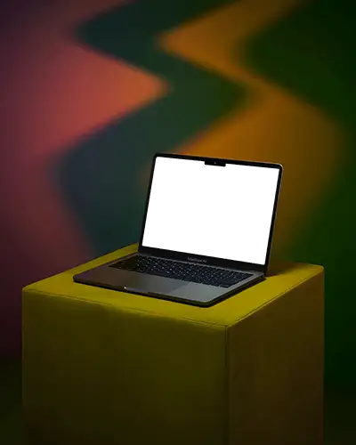 Macbook Air M2 Mockup On Yellow Pedestal With Color Wave Background And Moody Light