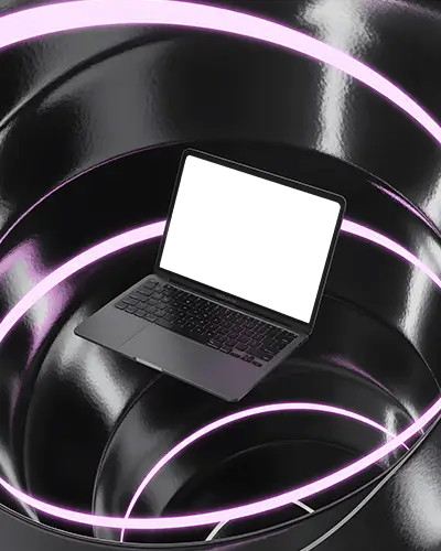 Macbook Air M1 Mockup In Futuristic Black Swirl With Glossy Surface And Pink Neon Rings