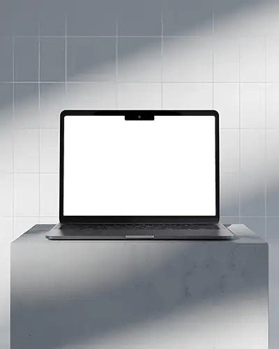 Macbook Pro M3 Mockup On Marble Pedestal With Soft Shadow And White Tiled Wall