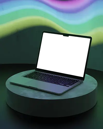 Macbook Air M2 Mockup On Round Podium With Wavy Neon Wall Light And Dark Room Mood