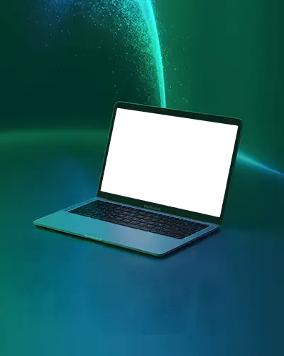 Macbook Air M1 Mockup In Futuristic Green Glow Scene With Abstract Light Arc Backdrop