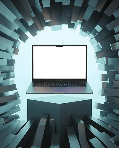 Macbook Air M3 Mockup On Platform Inside 3d Cube Tunnel With Glow Light And Depth