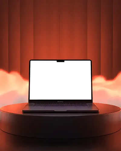 Macbook Air M4 Mockup On Round Platform With Fiery Red Glow And Curtained Backdrop