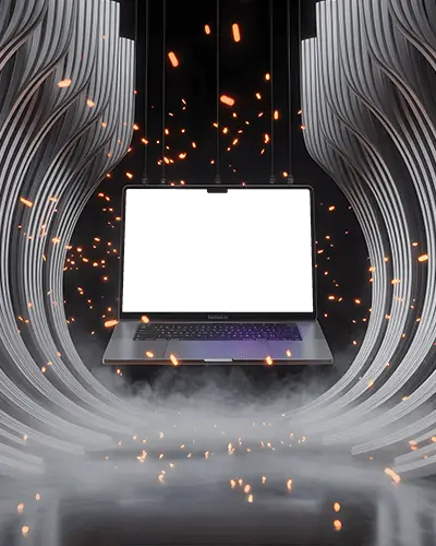 Macbook Air M3 Mockup Suspended In Sci Fi Arch With Floating Sparks And Dense Fog