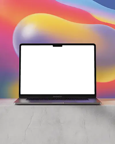 Macbook Air M3 Mockup On Stone Surface With Colorful Fluid Gradient Background Blobs