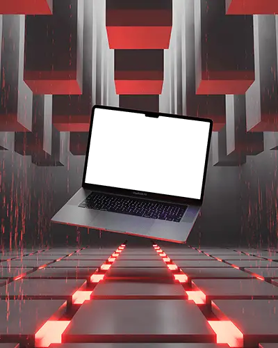 Macbook Air M4 Mockup Floating In Cyber Grid Chamber With Red Glow And 3d Blocks