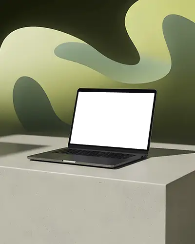 Macbook Pro M1 Mockup On Clean Pedestal With Abstract Green Wave Wall Background