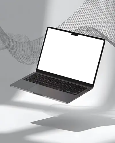 Macbook Air M4 Mockup Floating In Light Gray Scene With Abstract Wire Mesh Background