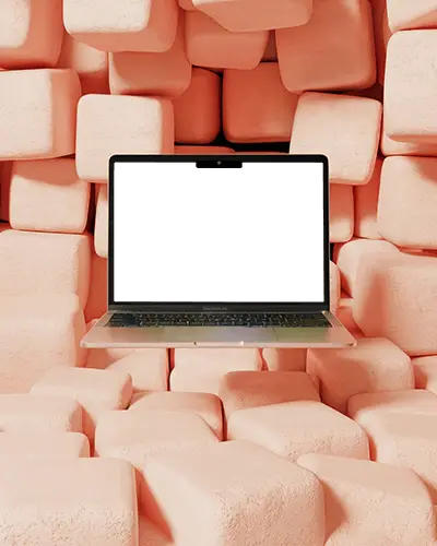 Macbook Air M2 Mockup Floating Amid Pastel Soft Cubes In Modern Studio Foam Texture