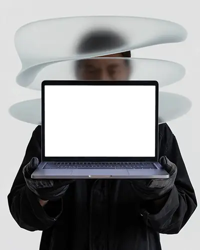 Macbook Pro M1 Mockup Held By Gloved Hands In Abstract Studio With Floating Sculpture